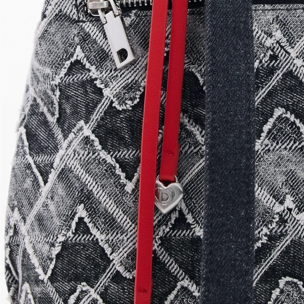 Gently Used Desigual Black Denim Quilted Effect Women's Bag with Red Charms